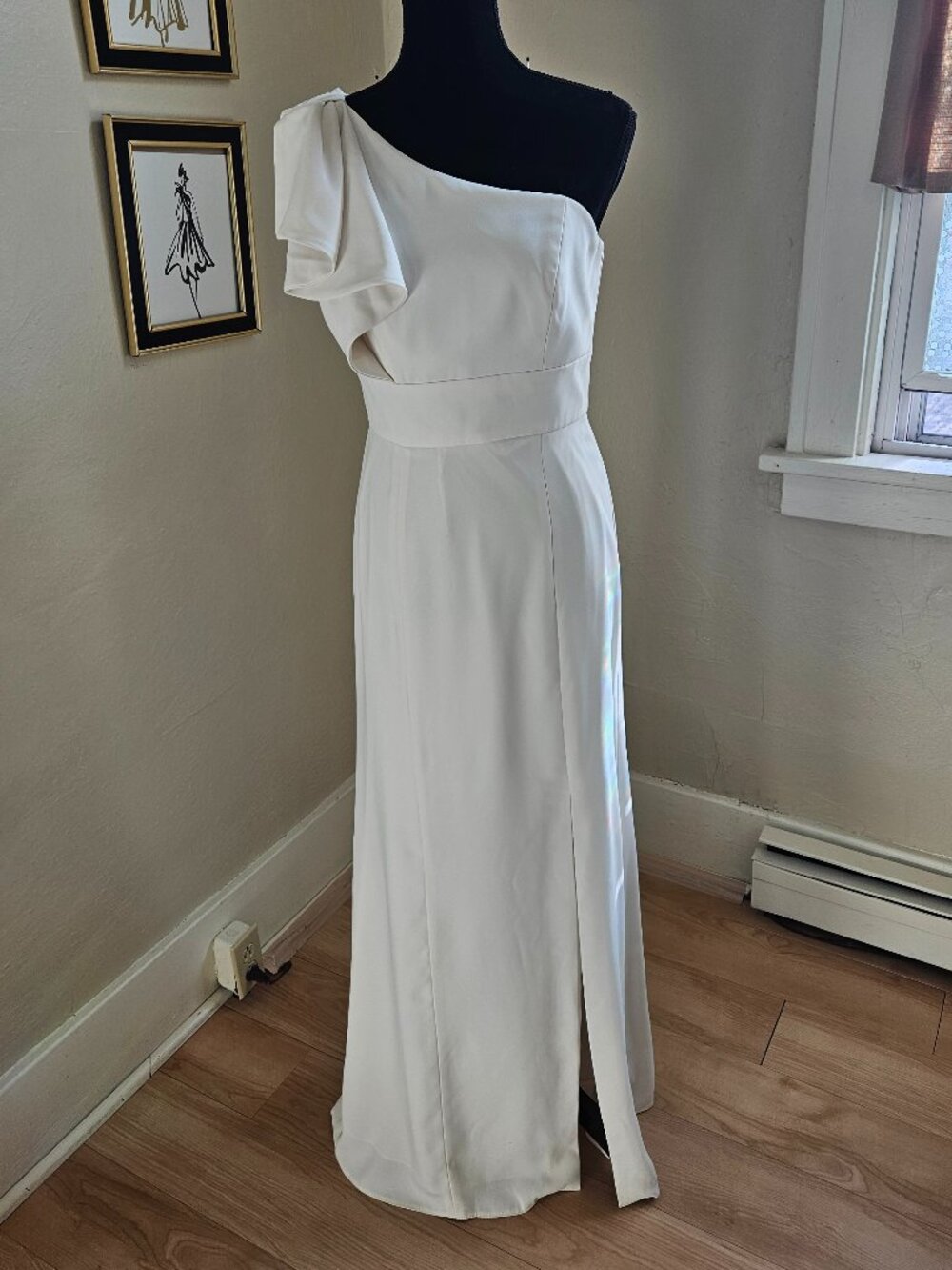 Size 8 Light Ivory One Shoulder Bow Crepe Sheath w/ Slit Gown By After Six NWT